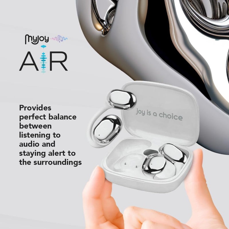 MyJoy Air Open Ear Earbuds, Wireless Bluetooth Open Earbuds Over The Ear Headphones with Microphone for Work & Workouts, Sweatproof Multi-Touch Open Earphones with LCD Panel Display, White