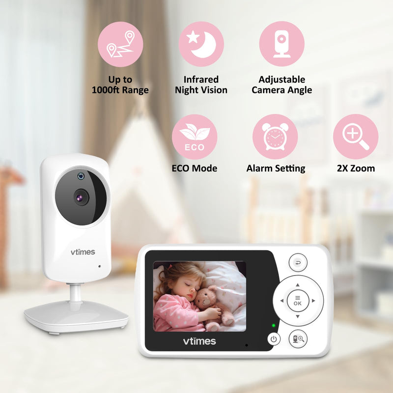 Baby Monitor with Camera and Audio, Video Baby Monitor No WiFi Night Vision, 2.4" LCD Screen Portable Baby Camera VOX Mode Pan-Tilt-Zoom Alarm and 1000ft Range, Ideal for Baby/Elderly/Pet