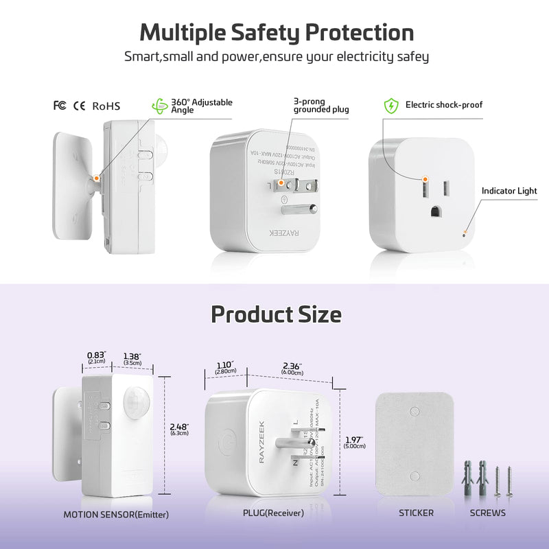 [AUSTRALIA] - RAYZEEK Wireless Motion Sensor Control Outlet with Light Sensor,No WiFi/No APP, 2 PIR Sensor Switch Control 1 Plug for Christmas Tree Lights,Fans,Household Appliances,10A/1100W 2 Motion Sensor+plug 