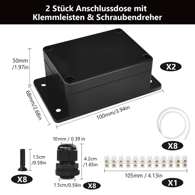 Celepoir Junction Box, Black, Waterproof IP65, Junction Box Waterproof with 8 Cable Glands, Small Junction Box with Fixed Ear, Wet Room Distribution Box for Electronics, 100 x 68 x 50 mm, Pack of 2