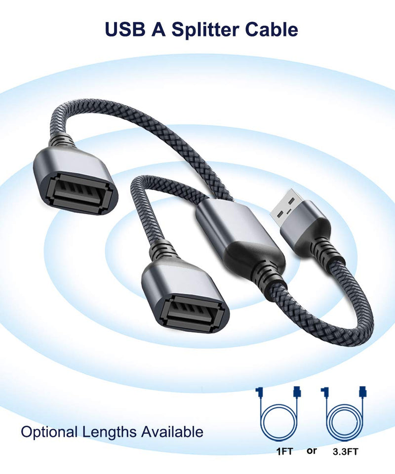 USB Splitter Y Cable 1FT (2-Pack),USB A 1 Male to 2 Female Extension Cord Converter,Dual Double USB Port Extender Hub Data Charger Power Split Adapter for Mac,Car,Xbox One Series X/S,PS4,PS5,Laptop Gray