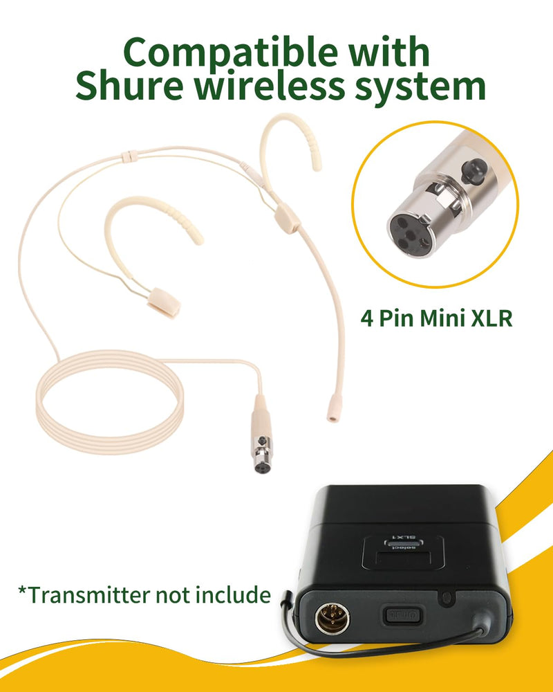 3 Pack Microphone Headset - Discreet Over-Ear Headworn Earset with Hanging Mic, Compatible with Shure Wireless Bodypack Transmitters - Ideal for Live Performances, Theater, Lectures & Public Speaking