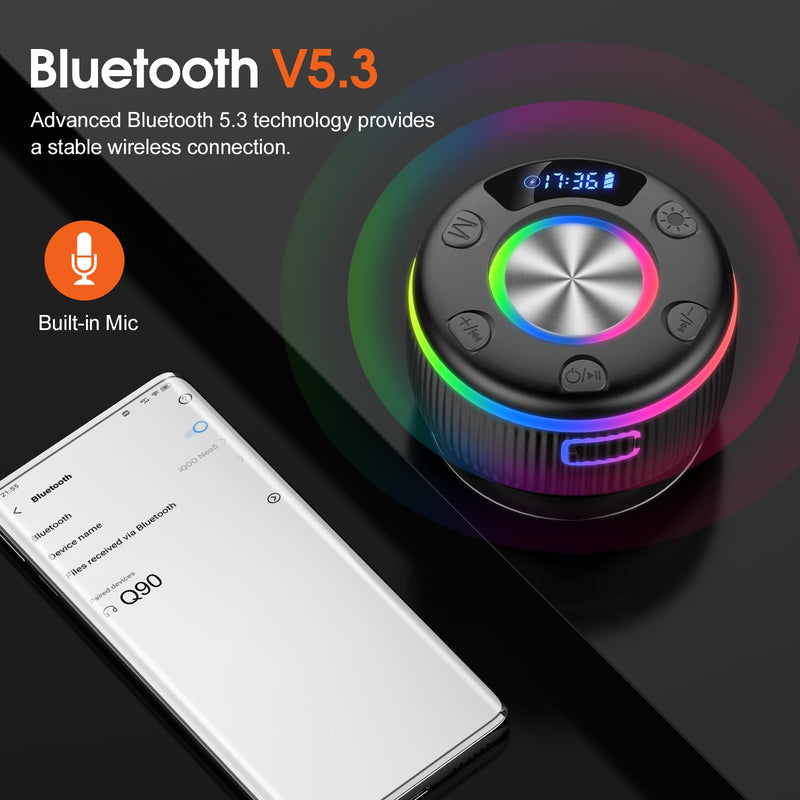 [AUSTRALIA] - Bluetooth Shower Speaker, Portable Bluetooth 5.3 Speakers Wireless with Time Display, IP7 Waterproof Speakers with RGB Light, Suction Cup, Mini Stereo Speaker for Bathroom Party Travel Beach Outdoor Jet Black 