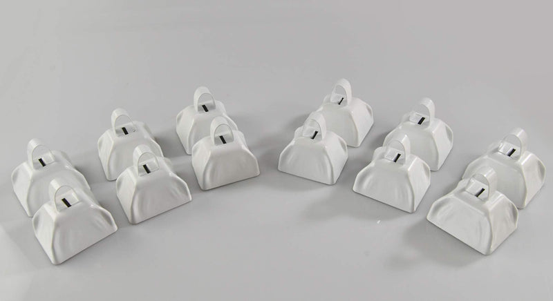 HOME-X Set of 12 Cowbells, Sporting Event Bells, Cheering Bells, Party Noise Makers, School, Reception Desk, Counter Bell, White, 3” L x 2 3/8” W x 3” H