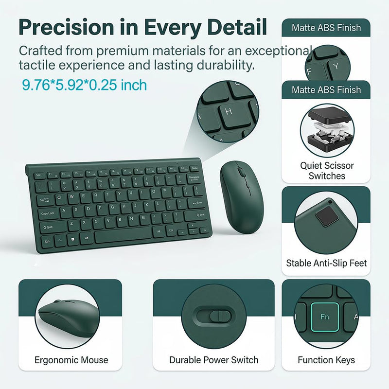10 Inch Wireless Keyboard and Mouse Combo, Slim Portable Quiet Set for Tablet, Phone, Laptop, Home Office Use(Green) Green