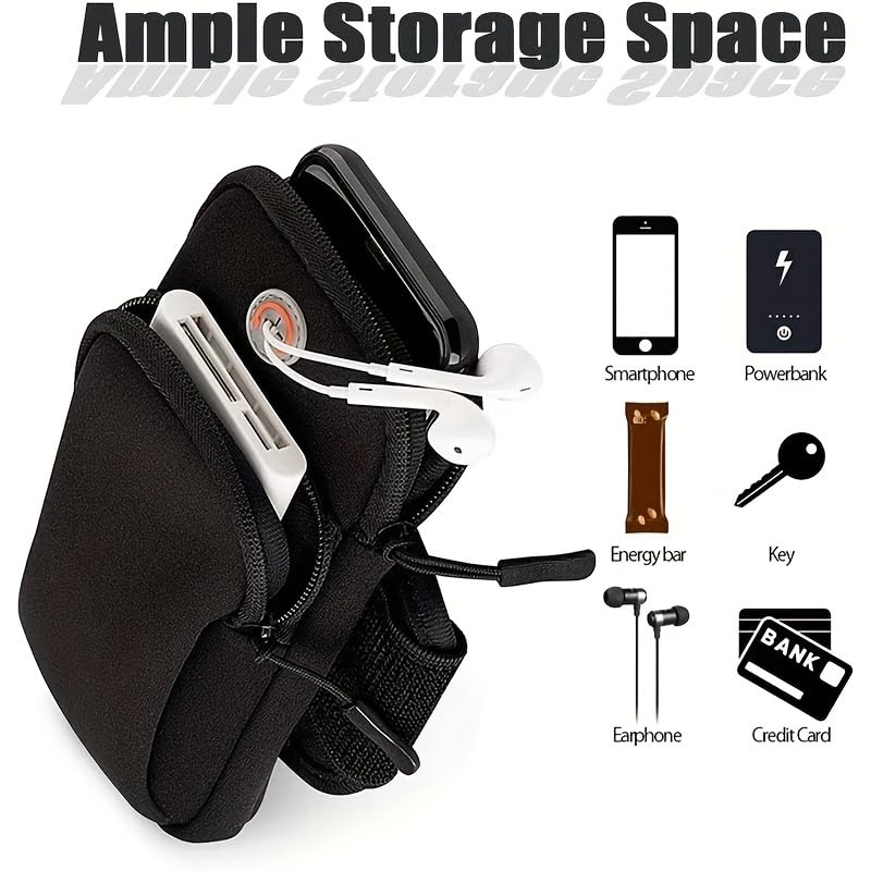 Phone Armband Waterproof Zip Pocket Adjustable Strap Headphone Port Fits iPhone 17-7 Plus Galaxy S26-S24 for Jogging Gym, Black