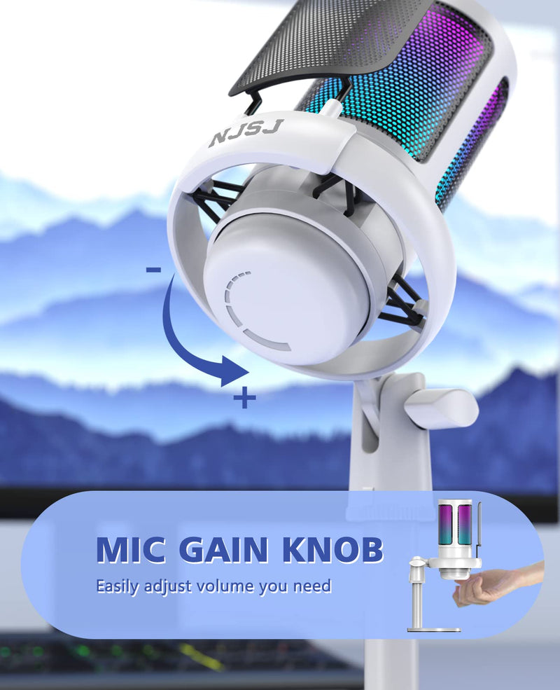 [AUSTRALIA] - NJSJ USB Microphone for PC, Gaming Mic for PS4/ PS5/ Mac/Phone,Condenser Microphone with Touch Mute, RGB Lighting,Gain knob & Monitoring Jack for Streaming,Podcasting (with Desktop Stand, White) With desktop stand 