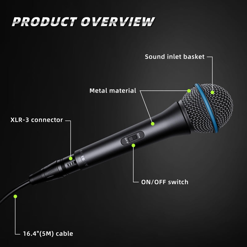Vocal Dynamic Microphone, Metal Handheld Wired Microphone for Singing, Mic Suitable for Karaoke and Recording, with On/Off Switch and 16.4ft XLR Cable DY23