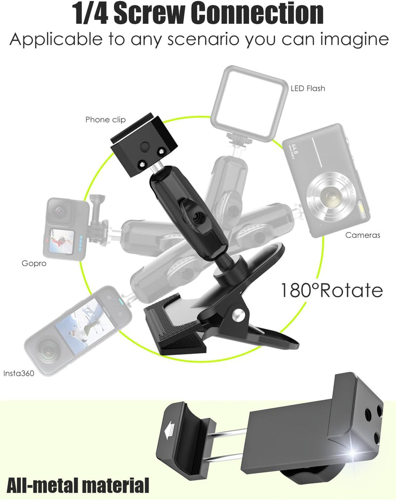 Charchendo Car Sun Visor Short Metal Arm Phone/GoPro Mount 4-7" | Bounce-Free View, Short Metal Arm, Multi Angle Adjustment, 1/4" Screw For GoPro, Fits iPhone 17 Pro Max, 4-7" Phones