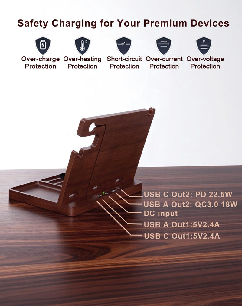 Wood Phone Docking Station with 4 USB 22.5W PD & QC3.0 Fast Charger,Nightstand Organizer for Men, Dual Phone Charging Station for iPhone Samsung Google Android,Anniversary Birthday Gifts for Men Him 8808