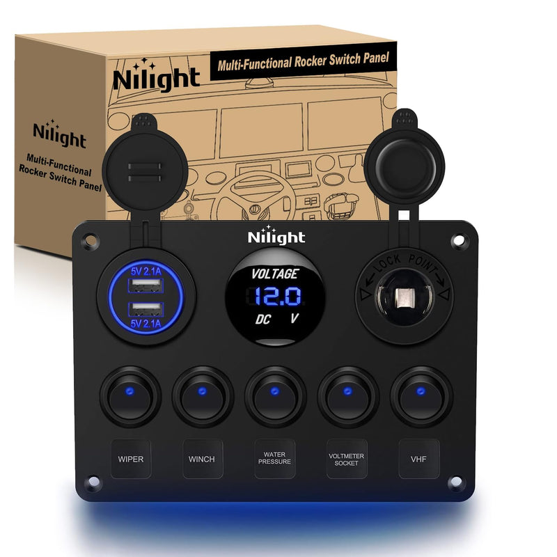 Nilight 90101E 5Gang Multi-Function 5 Gang Rocker Dual USB Charger + Digital Volmeter +12V Outlet Pre-Wired Switch Panel with Circuit Breakers for RV Car Boat Truck Trailer,2 Years Warranty,Blue Blue