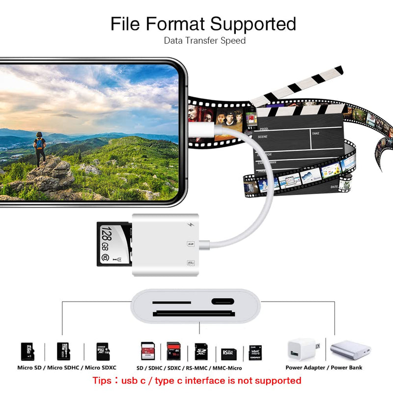 SD Card Reader for iPhone iPad,Micro SD Card Reader Memory Card Reader Plug and Play Trail Camera Viewer SD Card Adapter,Simultaneous Charging and Card Reading Micro SD Card Adapter white