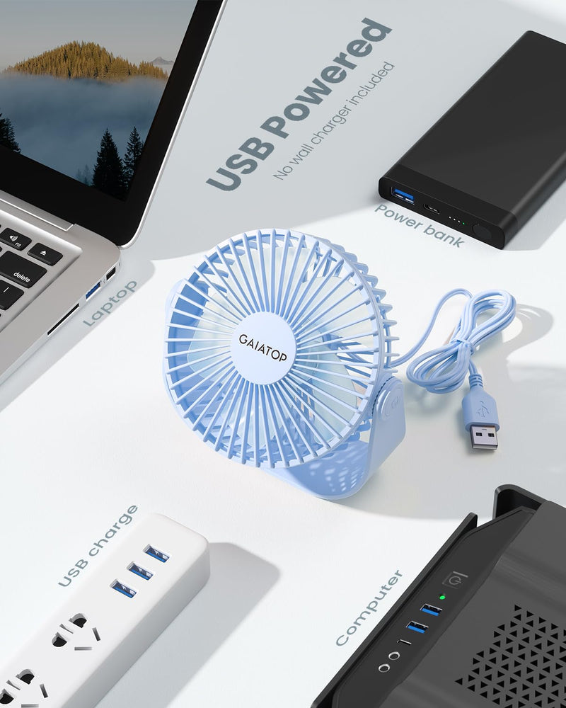 Gaiatop USB Desk Fan, 3 Speeds Portable Small Fan with Strong Airflow, 5.5 Inch Quiet Table Fan, 90° Rotate Personal Cooling Fan For Bedroom Home Office Desktop Travel (Blue) Blue