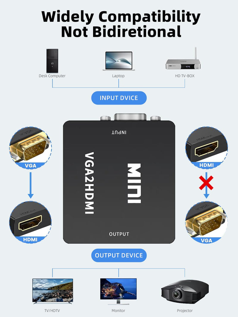 [AUSTRALIA] - VGA to HDMI Adapter with Audio, VGA to HDMI Converter, for VGA Computer/Laptop to HDMI Monitor/TV(Not Bidirectional) 
