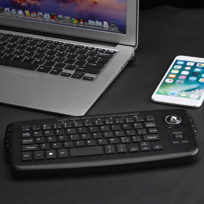 Docooler 2.4GHz Wireless Keyboard w/Trackball Mouse Scroll Wheel Remote Control Plug and Play w/USB Receiver for Android TV Box Smart TV PC Notebook (Black)