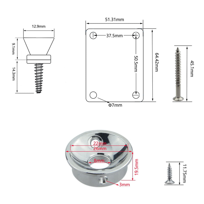 Silver Metric Thread Electric Guitar Jack plate for Fender Tele Telecaster Style Guitar,Thick Metal Guitar Neck Plate with Screws,2 PCS Guitar Strap Buttons with Strap Blocks Silver