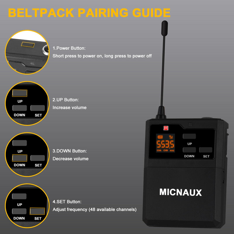 Wireless Lapel Microphone System with Headset & Lavalier Mics, UHF Bodypack Transmitters, Mini Rechargeable Receiver, 48 Channels in 500MHz, 260ft Range, Plug & Play for Wedding Speech Church BXMIC01