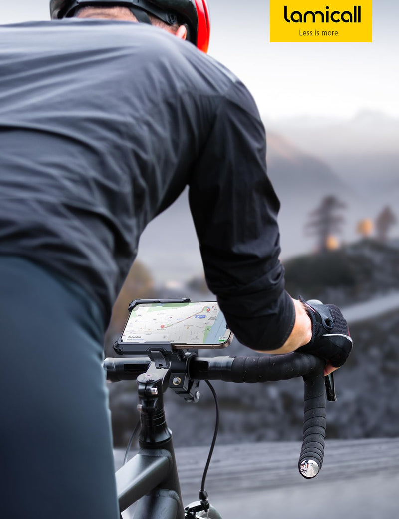 Lamicall Motorcycle Bike Phone Mount - [No Block Camera] [1s Lock] Bike Cell Phone Holder Clamp, Bicycle Scooter Handlebar Clip, Gifts for iPhone 17 16 15 14 Pro Max, Galaxy S25 Ultra, 4.7-7" Phones Black