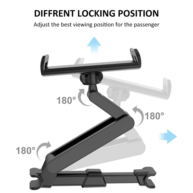 Car Headrest Backseat Mount, 360° Rotating Adjustable Car Backseat Headrest Tablet/Phone Holder, Compatible for All 4"-11" Tablets, cellphones, iPhone, iPad Air Mini,Tabs Switch. Black