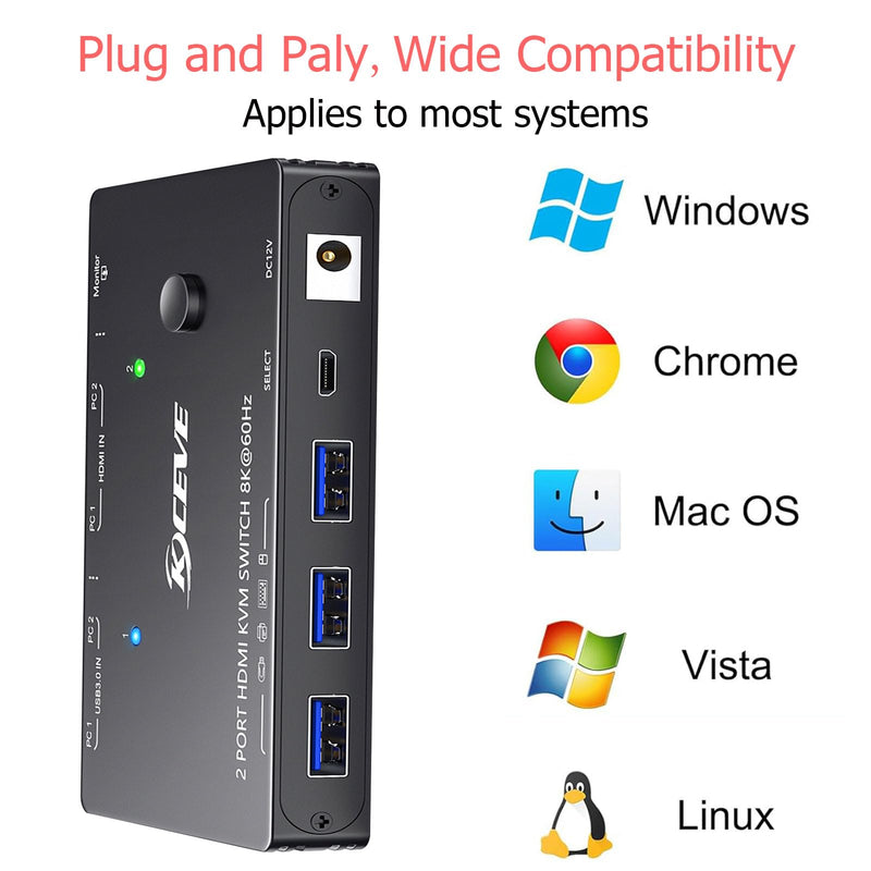 KCEVE HDMI2.1 KVM Switch 2 Computer 1 Monitor 8K@60Hz | KVM Switch HDMI 2 Port with 3 USB3.0, Wired Remote and Power Adapter (8K HD 2 in 1 Out KVM) Black 11cm 8K HDMI 2 in 1 Out KVM