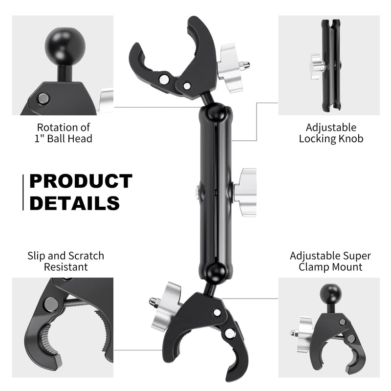 Double Super Clamp Camera/Umbrella Mount,360° Magic Long Arm Pole Clamp,Double Ball Head Adapter for Photo Studio Light Stand,Gopro,Golf Carts,Motorcycle,Cross Bars,Strollers (Black) Black