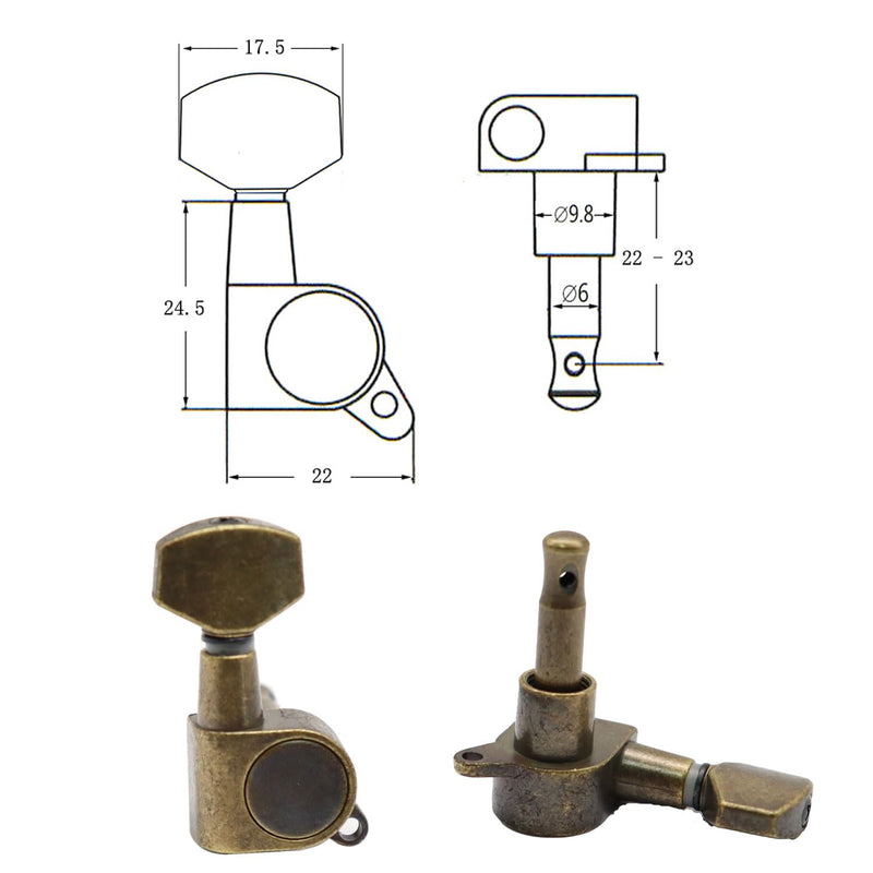 [AUSTRALIA] - 6-Pack (3L+3R) Sealed Square Guitar Machine Heads - High-Precision Compact Tuners for Acoustic & Electric Guitars, Durable Tuning Pegs with (Bronze) Bronze 