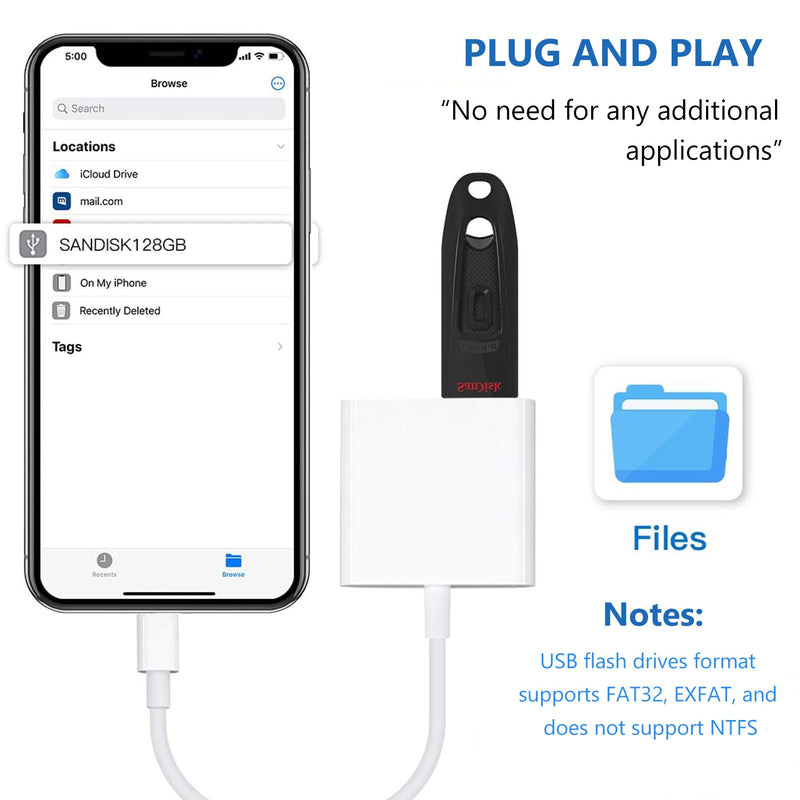 Lightning to USB Camera Adapter for iPhone with Charging Port USB 3.0 Female OTG Cable for iPad to Connect Card Reader USB Flash Drive U Disk Keyboard Mouse Hubs Midi