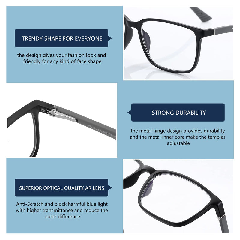Blue Light Reading Glasses for Men，Sport Square Frame Readers, Anti Glare Computer Glasses 01 Black 0.0 x