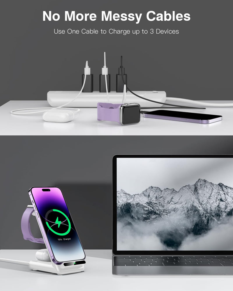 Wireless Charging Station,3 in 1 Wireless Charging Stand Made for Apple Watch Ultra 9 8 7 6 SE 5 4 3,Fast Wireless Charger Made for iPhone 15/Plus/Pro Max/14/13/12/11/X,for AirPods Pro(with Adapter) White