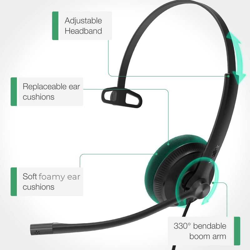 Yealink UH34 USB Headset with Mic, Single Ear Wired Headphones with Noise Cancelling Microphones, Professional Work Headphones VoIP Phone Computer Call Center Office,Ultra Light Mono