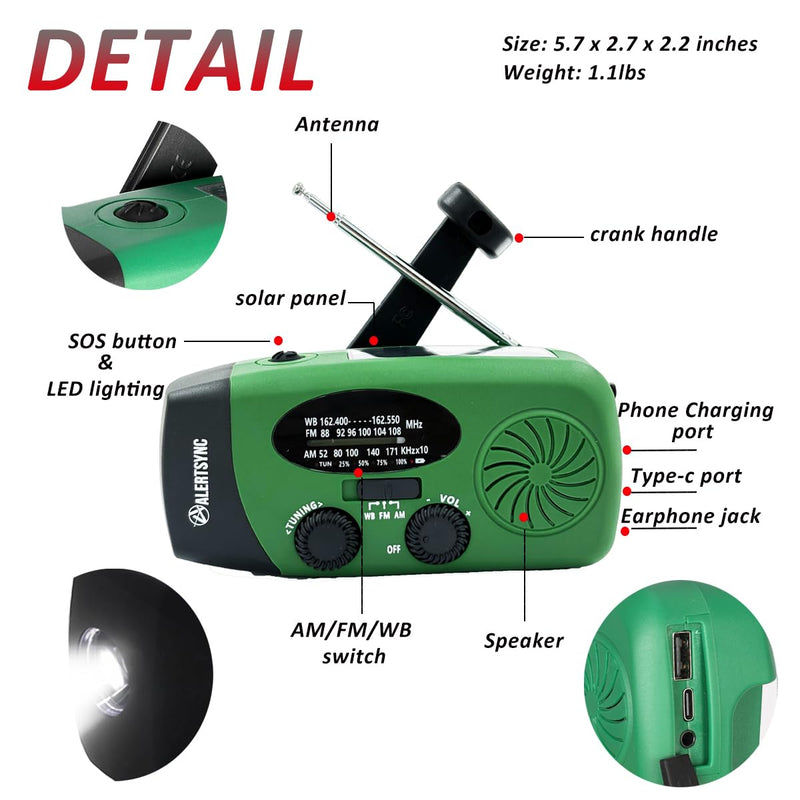 [AUSTRALIA] - 5000mah Alertsync NOAA Weather Emergency Radio with Solar Charging, AM FM Hand Crank Windup Radio SOS Alarm LED Flashlight with Earphone Jack for Home, Camping, Survival Hurricane (Green) 5000mah green 