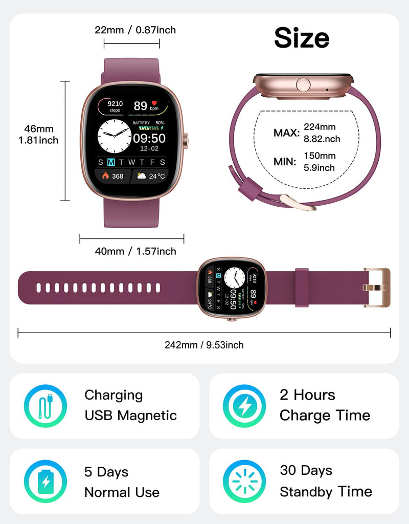 Fitness Tracker with Call Function, 1.85” Fitness Watch for Women and Men, 24/7 Heart Rate & Blood Oxygen Monitor, Sleep Tracker, 100+ Sport Modes, IP68 Waterproof (Purple)
