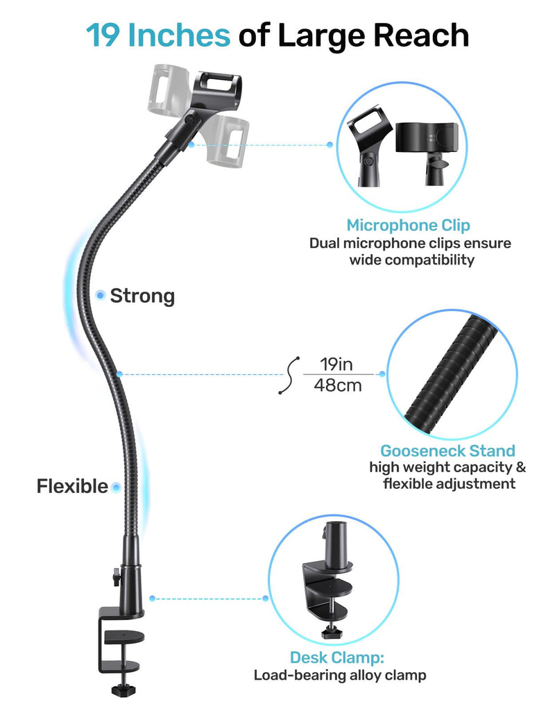 Gooseneck Mic Stand with Clamp, 19-Inch Flexible Desktop Microphone Arm Holder with 3/8" & 1/4" Screw Adapters, 360° Adjustable, Ideal for Podium, Pulpit, Lecture, Conference and Live Streaming