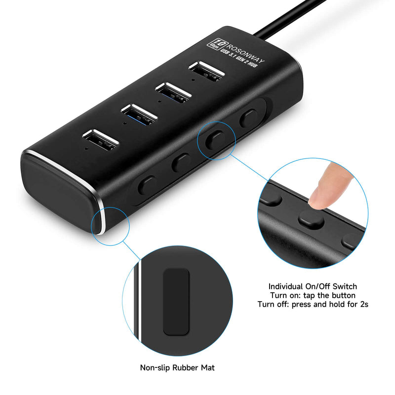 RSHTECH 7 Port Powered USB 3.0 Hub with 5V Adapter + ROSONWAY 4 Ports USB 3.1 Gen 2 Hub 10Gbps with 5V Power Adapter