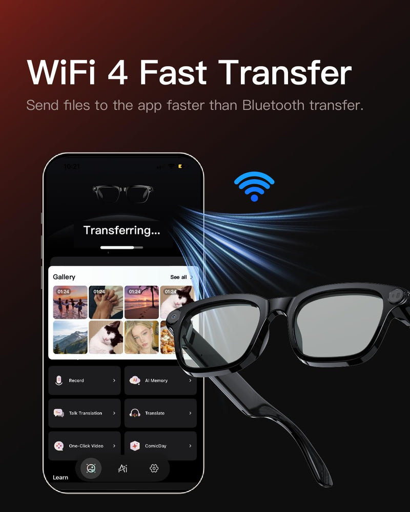 AI Smart Glasses with Camera, 4K POV Recording, Transparent Lens | 8MP photos, AI real-time translation, Object recognition, Bluetooth 5.4 open-ear audio for travel, work, and daily use