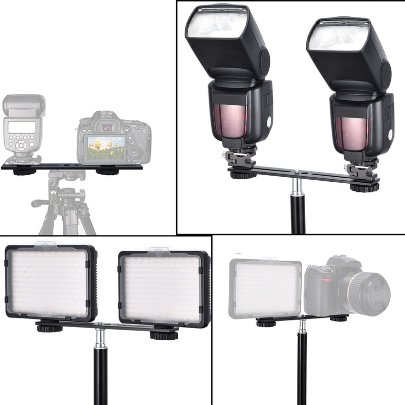 Dual Flash Bracket 8in/20.3cm Camera Mount Tripod Bracket with 1/4 Screw Hot Shoe Flash Light Bracket for LED Light Microphone 3D Stereo Stereoscopic Photography 1 Pack