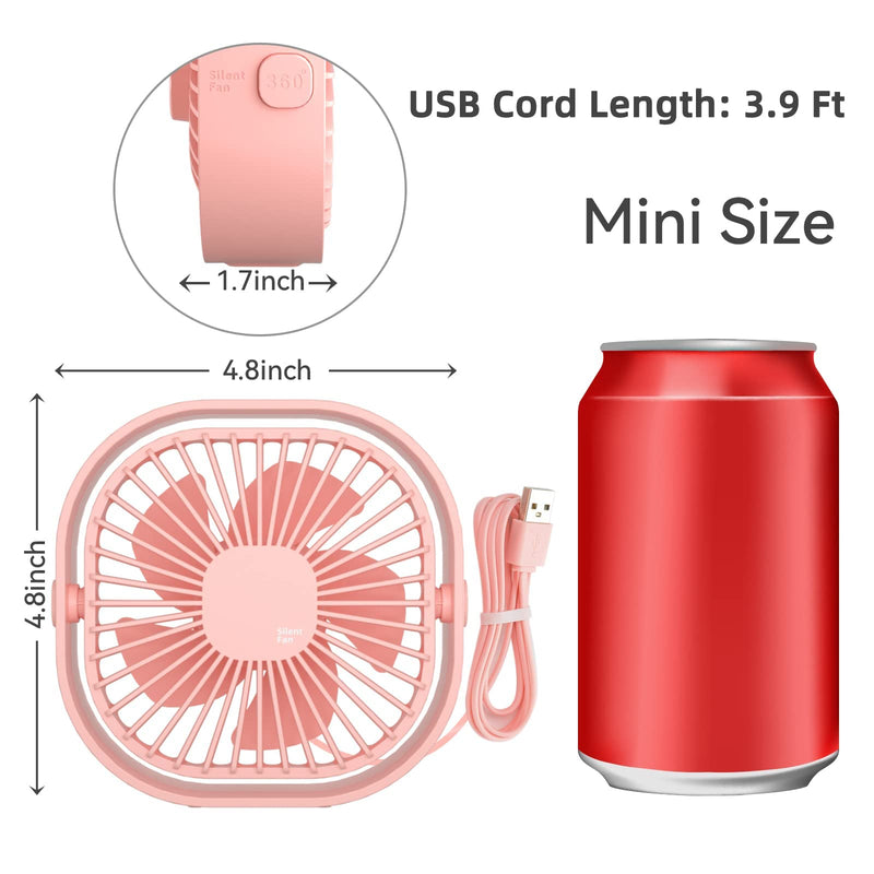 RJVW Small USB Desk Fan, 3 Speeds Portable Table Fan, 4 inch Personal Min Fan,Small Cooling Fan by USB Plug In, 360°Rotatable Silent Desktop Fan for Home Office Bedroom Dorm Indoor Outdoor Summer Gift Pink
