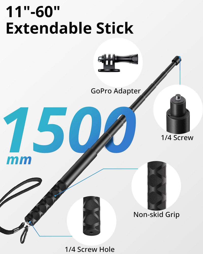 UBeesize 60-in Invisible Selfie Stick, Extended Monopod Pole for Insta360 ONE X2 DJI OSMO Action GoPro Hero Series (Buckle Mount for GoPro and Carabiner Lanyard Included)
