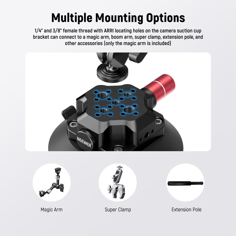 NEEWER 4.5" Suction Cup Camera Mount with Ball Head Magic Arm, 1/4" 3/8" ARRI Holes, Quick Release Car Mount with Phone Holder & Action Cam Adapter Compatible with iPhone DJI Insta360, CA105