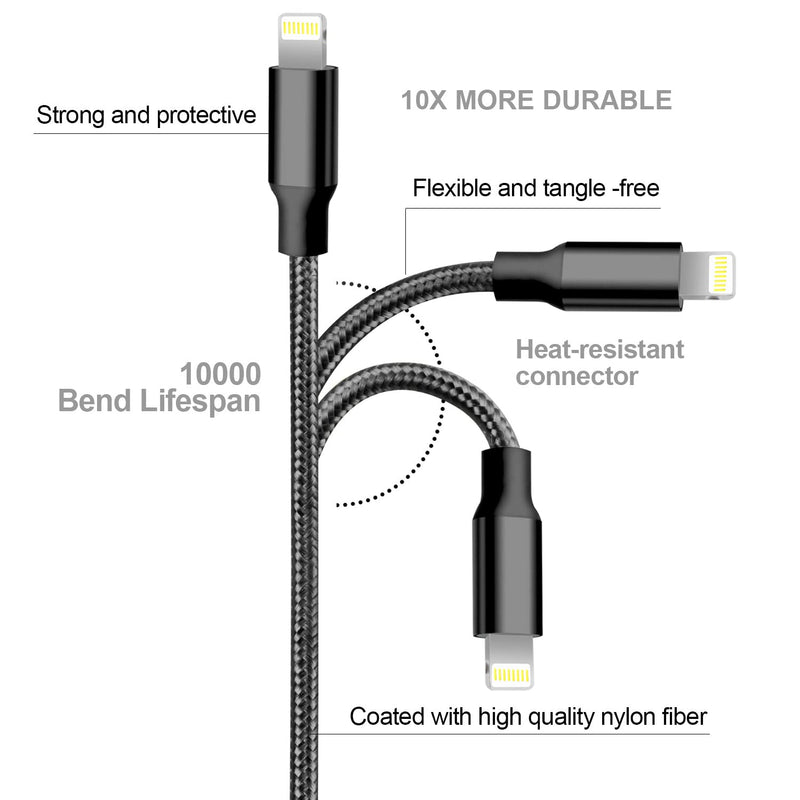 [AUSTRALIA] - cugunu iPhone Charger, 5 Pack 3/3/6/6/10FT Apple MFi Certified USB Lightning Cable Nylon Braided Fast Charging Cord Compatible for iPhone 14/13/12/11/X/Max/8/7/6/5/SE/Plus/iPad - Black USB-A to L 