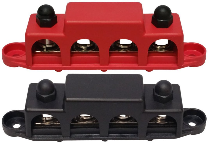 (Red & Black) 3/8" 4 Stud Bus BAR Power Distribution Block - Made in The USA - for Marine Battery Terminals, 12v Power and Ground Distribution Blocks - Terminal Block for Battery Terminals - BusBar Red & Black 3/8" - Pair