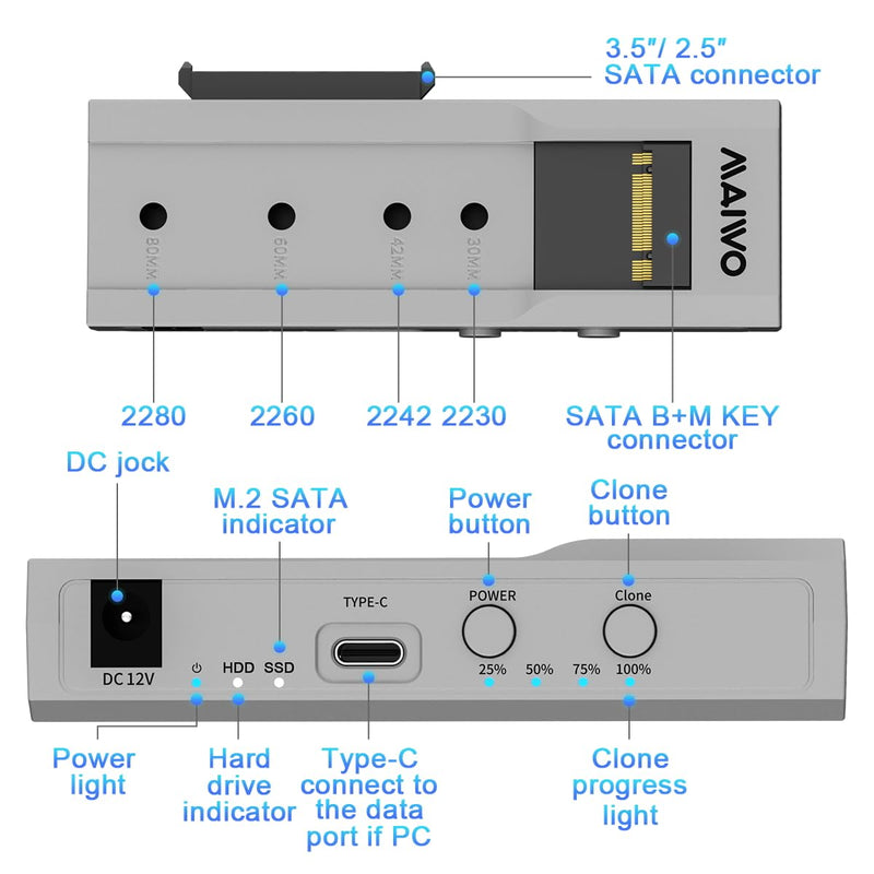 MAIWO M.2 SATA to 2.5'' 3.5''SATA Enclosure with Offline Clone, M.2 B+M Key to 3.5inch HDD Cloner, USB-C Type-C Max 5Gbps Standalone Clone Duplicator MAIWO-K10635S