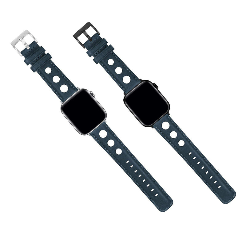 BARTON WATCH BANDS - Horween Leather Watch Bands Compatible with Apple Watch Models - 1, 2, 3, 4, 5, 6, 7, 8, 9, 10, SE, Ultra & Ultra 2 Navy Blue (Rally Style) Large Apple Watch (42mm/44mm/45mm/49mm)