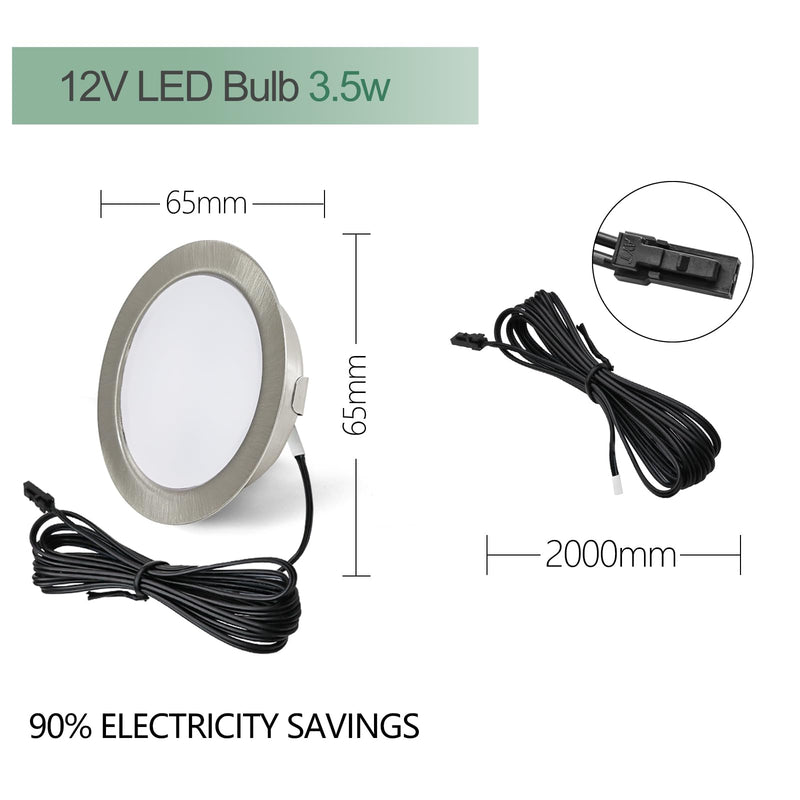 [AUSTRALIA] - URing Set of 3 LED Recessed Spotlights 12 V 3000 K Warm White 3.5 W, Flat 12 V 300 LM Bore Hole 55-58 mm and 15 mm, Dimmable Furniture Recessed Spotlights, LED Spot 12 V with 2 m Cable, Nickel 3000K Warmweiß 
