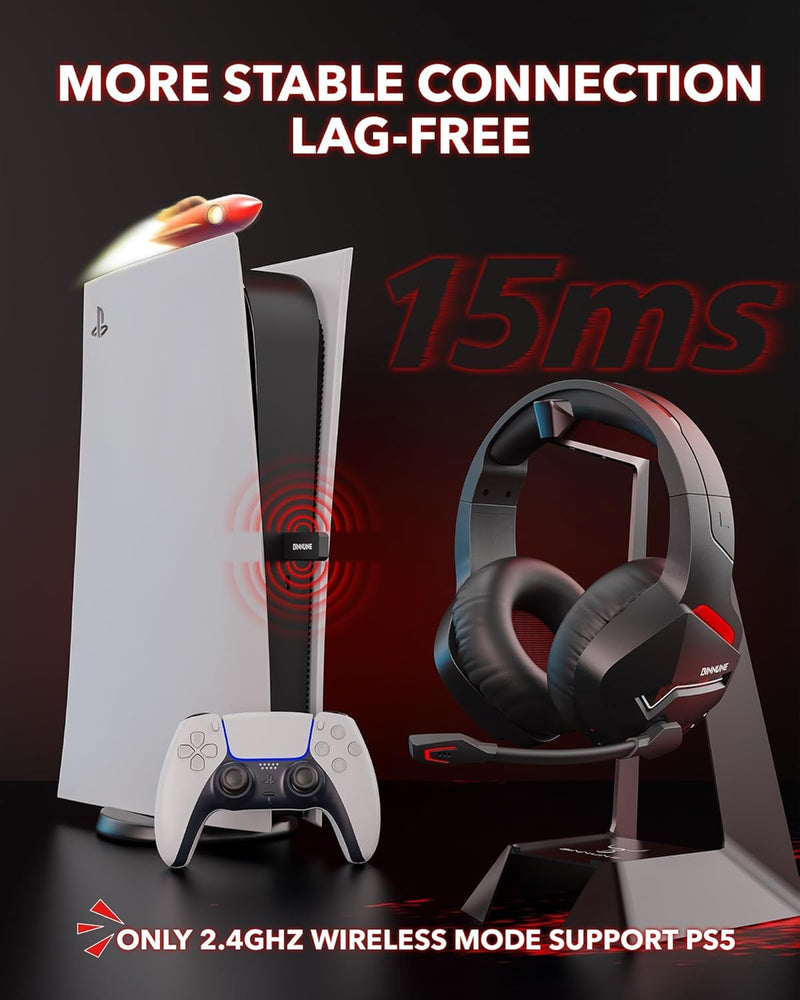 BINNUNE Wireless Gaming Headset for PS5 PC, 120H Ultra-Long Battery, 2.4GHz & Bluetooth 5.3 Wireless Headphones with Noise Canceling Mic, 50mm Drivers, Comfort Over Ear Headphones, Black