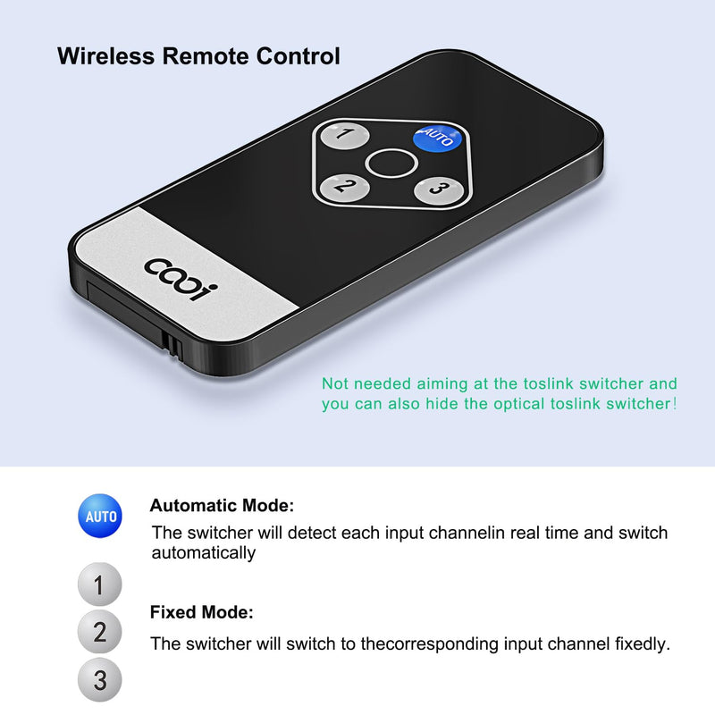 Toslink Automatic Switch Digital Optical Switcher 3 in 1 Out with Remote Control Supports 192k/24Bit PCM2.0 DTS Dolby-AC3 Compatible with HDTV/Xbox/Blu-Ray Player/PS