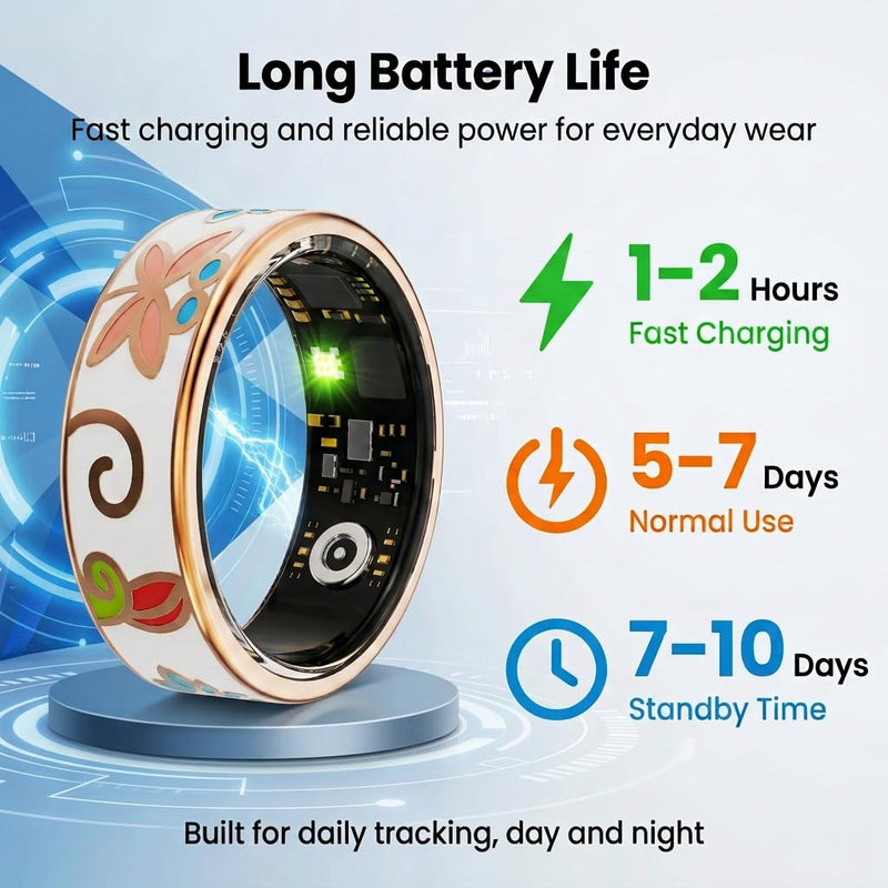 Smart Ring for Women & Men, Health Fitness Tracker Ring with Heart Rate, Sleep Monitor, Activity Tracking, Waterproof IP68, No Subscription, Portable Charging Case, Compatible with iOS & Android Gold 7