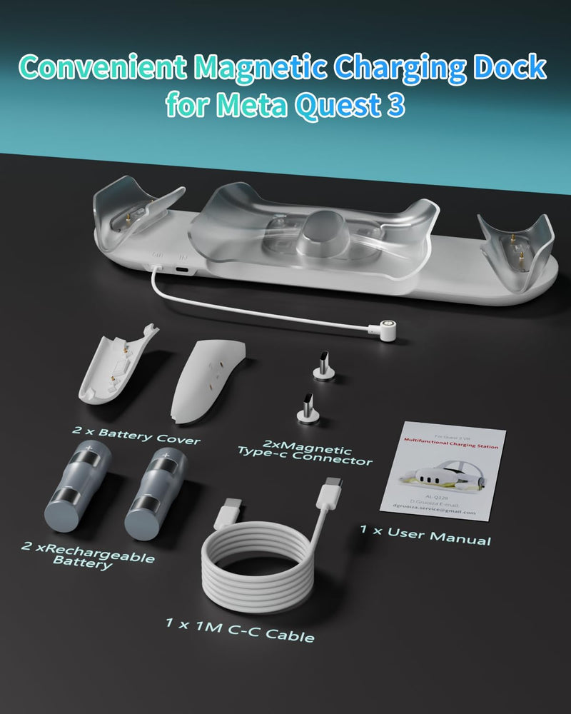 Charging Dock for Meta Quest 3, OLCLSS Charging Station for Oculus Quest 3 Accessories with RGB Light, Magnetic Charging Stand for VR Headset and Controller with 2 Rechargeable Batteries (White) White