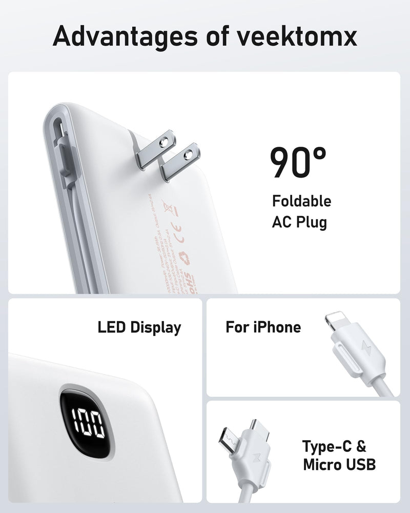 VEEKTOMX Power Bank with Built in Cables 22.5W 10000mAh, Portable Charger for iPhone with AC Wall Plug, Fast Charging USB C Slim iPhone Charger with LED Display Compatible with iPhone15/14/13, Samsung 10000mAh White