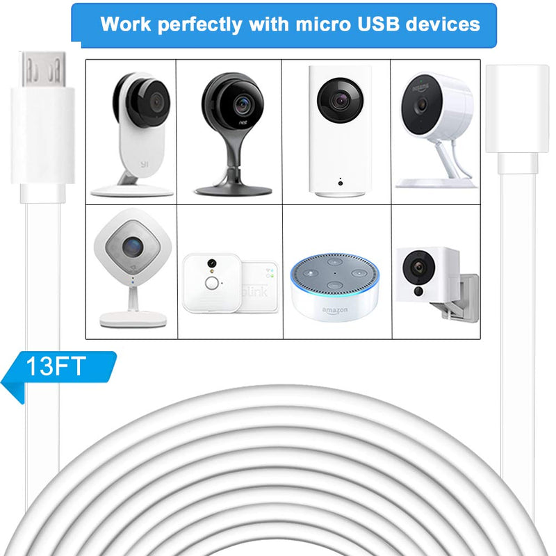 2 Pack 13FT Micro USB Extension Cable for Zmodo,Male to Female Extender Flat Power Cord Compatible for Wyze Cam v3 v2,Yi Camera,Oculus Go,Netvue,Nest Cam,Blink,Furbo Dog Home Security Camera